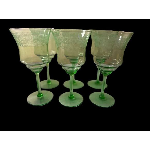 Set of 6 Uranium Glass Stem Etched Floral Wine Vintage Glasses - Picture 8 of 9